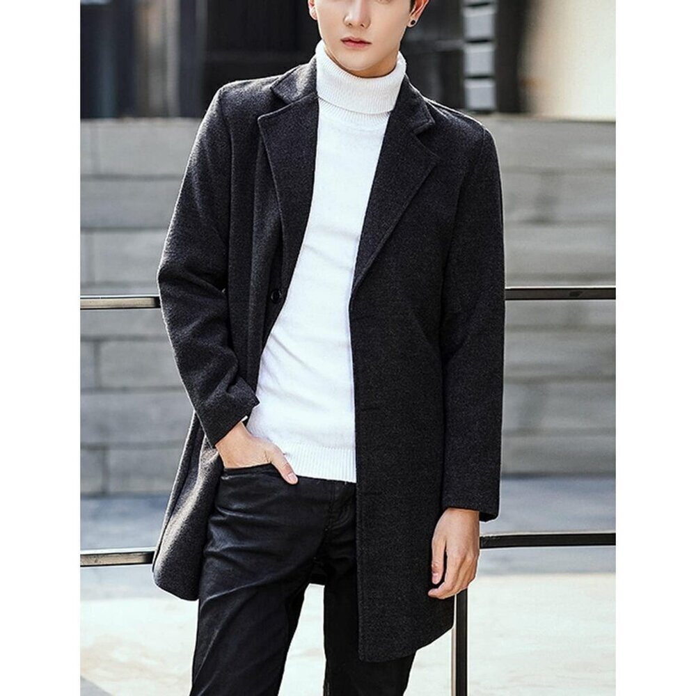 🆕Men's Dark Gray Wool Blend Pea Coat Notched Collar Single Breasted Overcoat